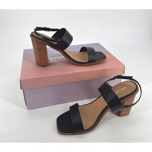 Lisa Vicky Oasis Sandals Black Leather Open Toe With Chunky Wooden Heel 9 New